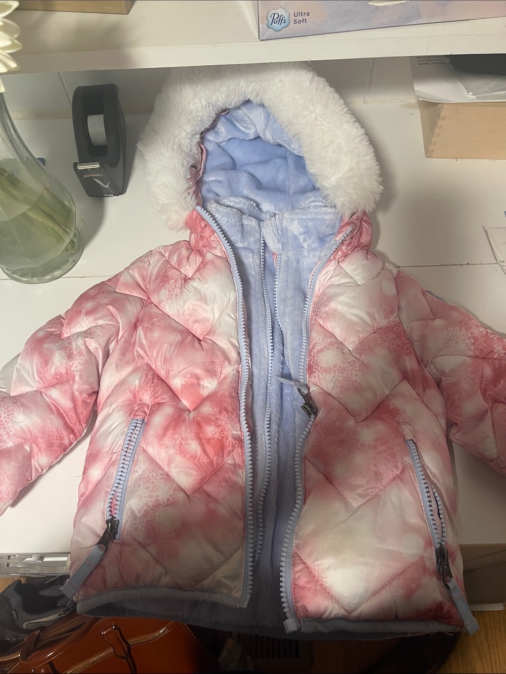 Snozu Pink & White Ombre Puffy Coat with Faux Fur Hood